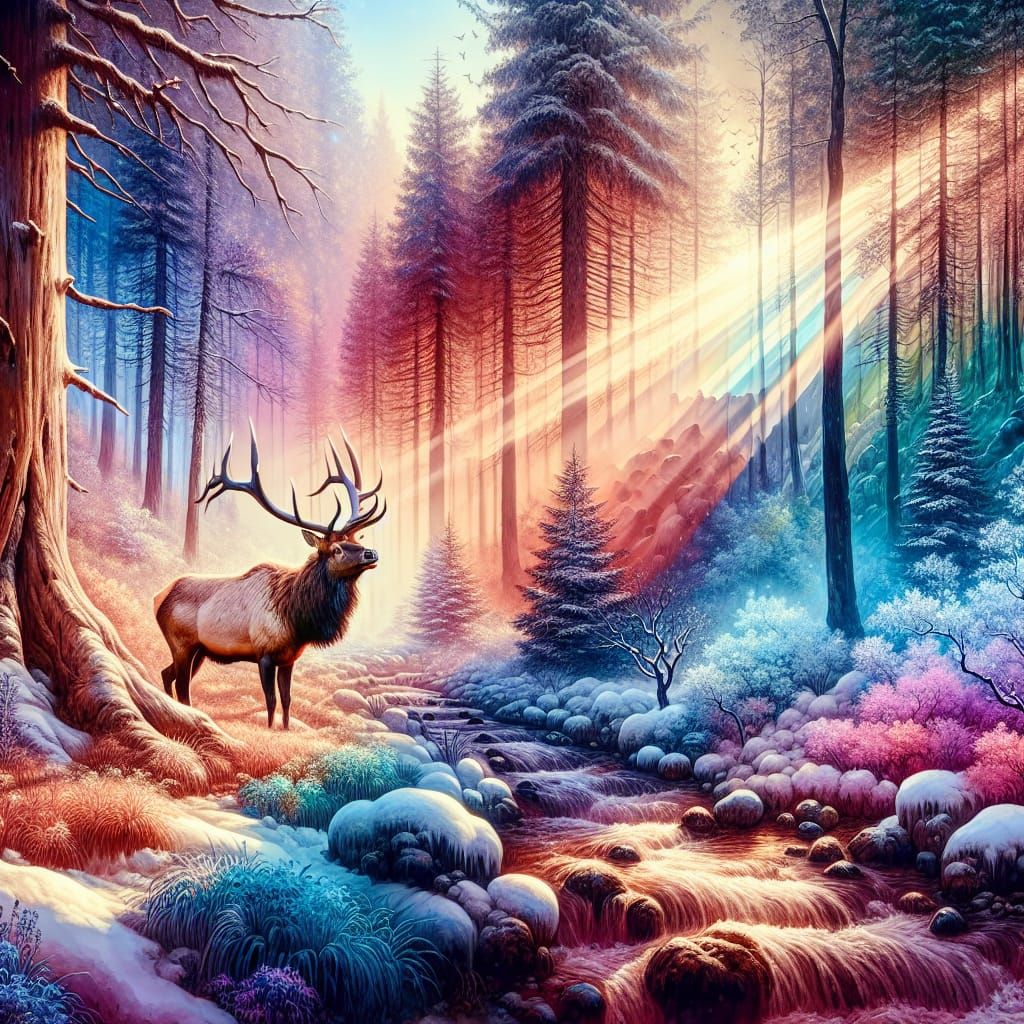 Primeval Forest Sanctuary with Elusive Elk in Vibrant Waterc...