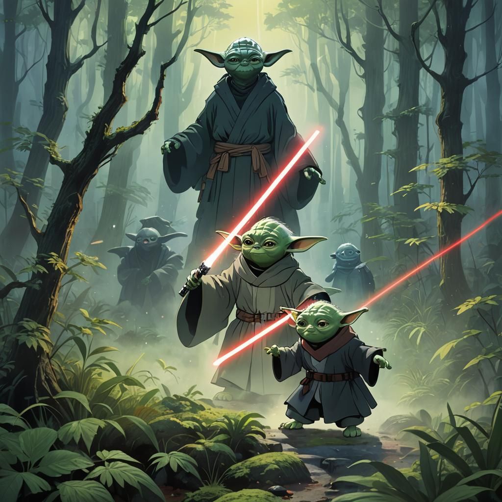 Mystical Forest Laser Duel in Ghibli Anime Style