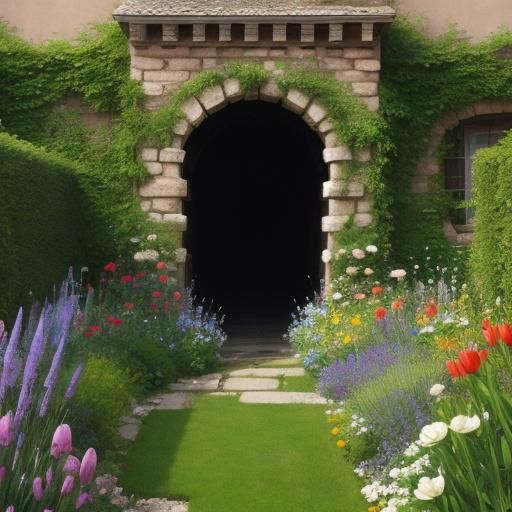 Secret Garden View Through Stone Wall