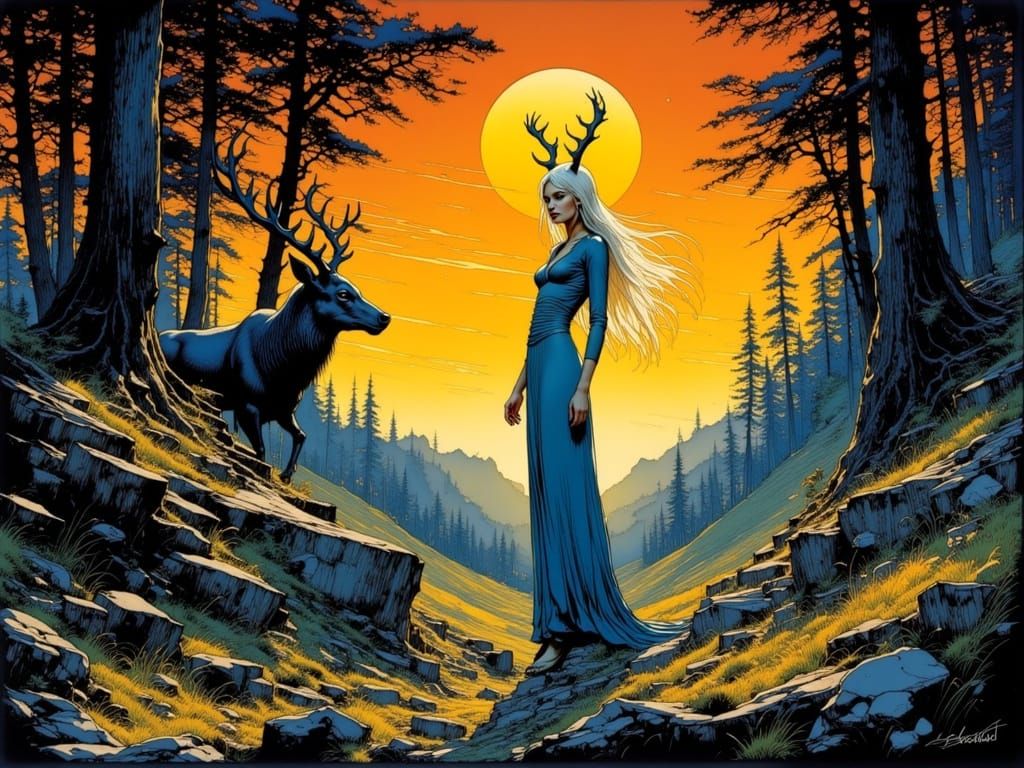 Surreal Sunset Goddess in a Wooded Glade with Stag Antlers