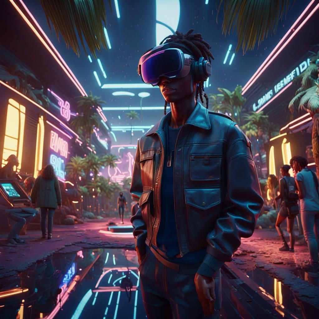 Vibrant Oasis Scene in High-Tech VR Game