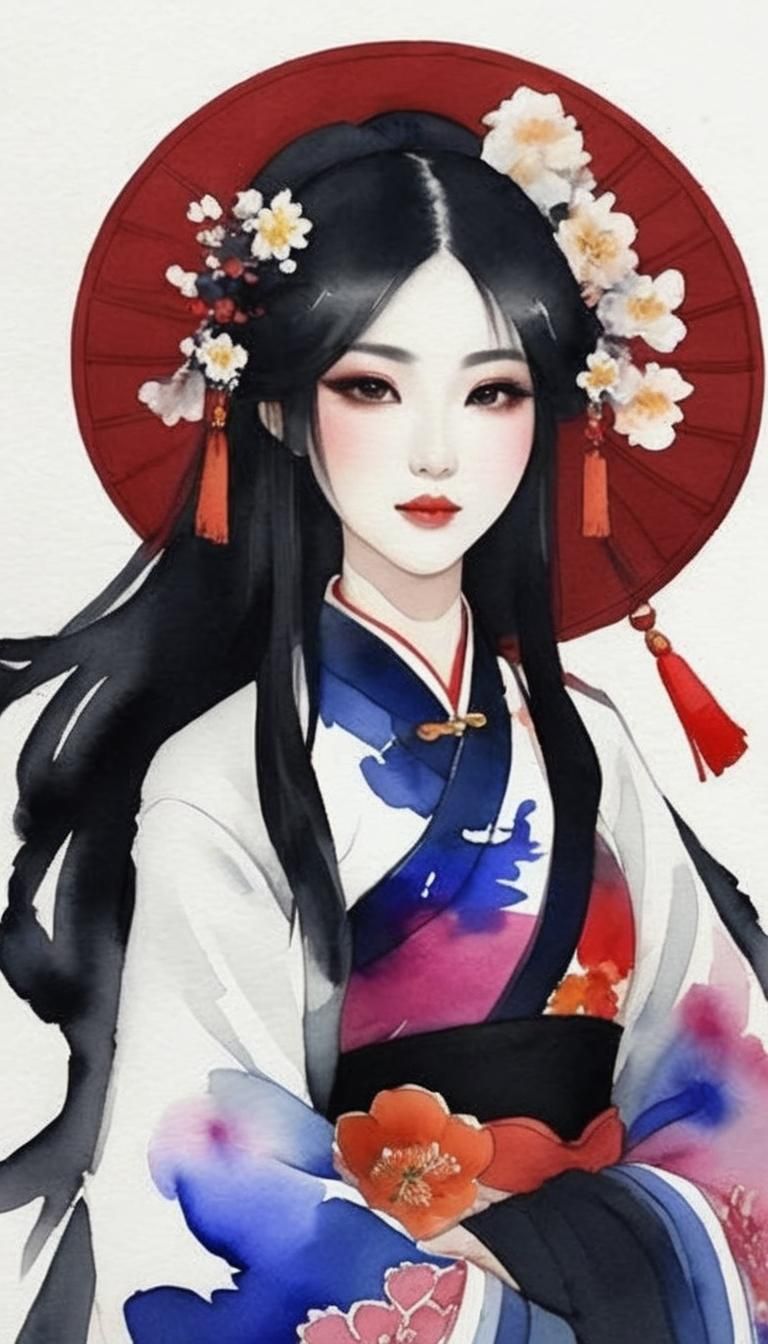 Girl in Hanfu Dress: Chinese Ink and Watercolor