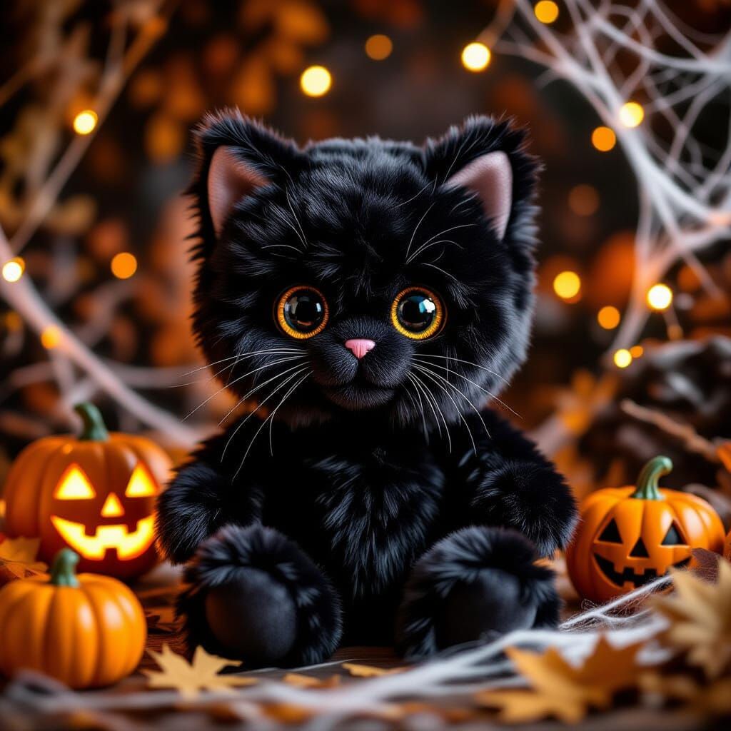 Fluffy Black Cat Plush Toy in Halloween Scene