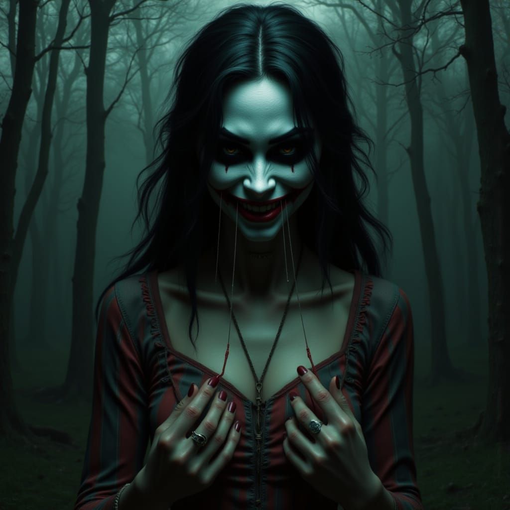 Kuchisake-onna Emerges from Haunted Forest at Midnight