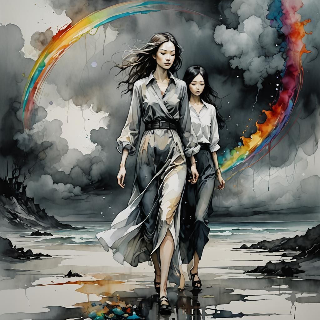 Couple on Rainbow: Surreal Alcohol Ink Illustration