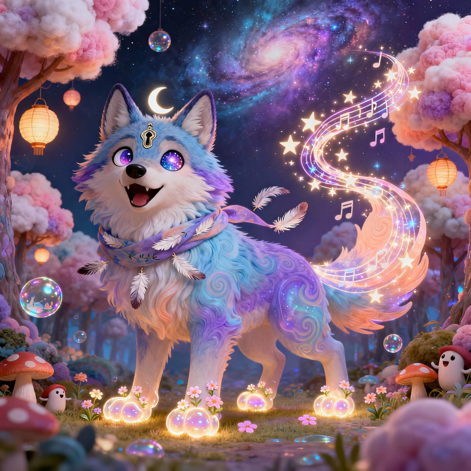 Dreamy Cloud Wolf with Star Tail in Surreal Forest