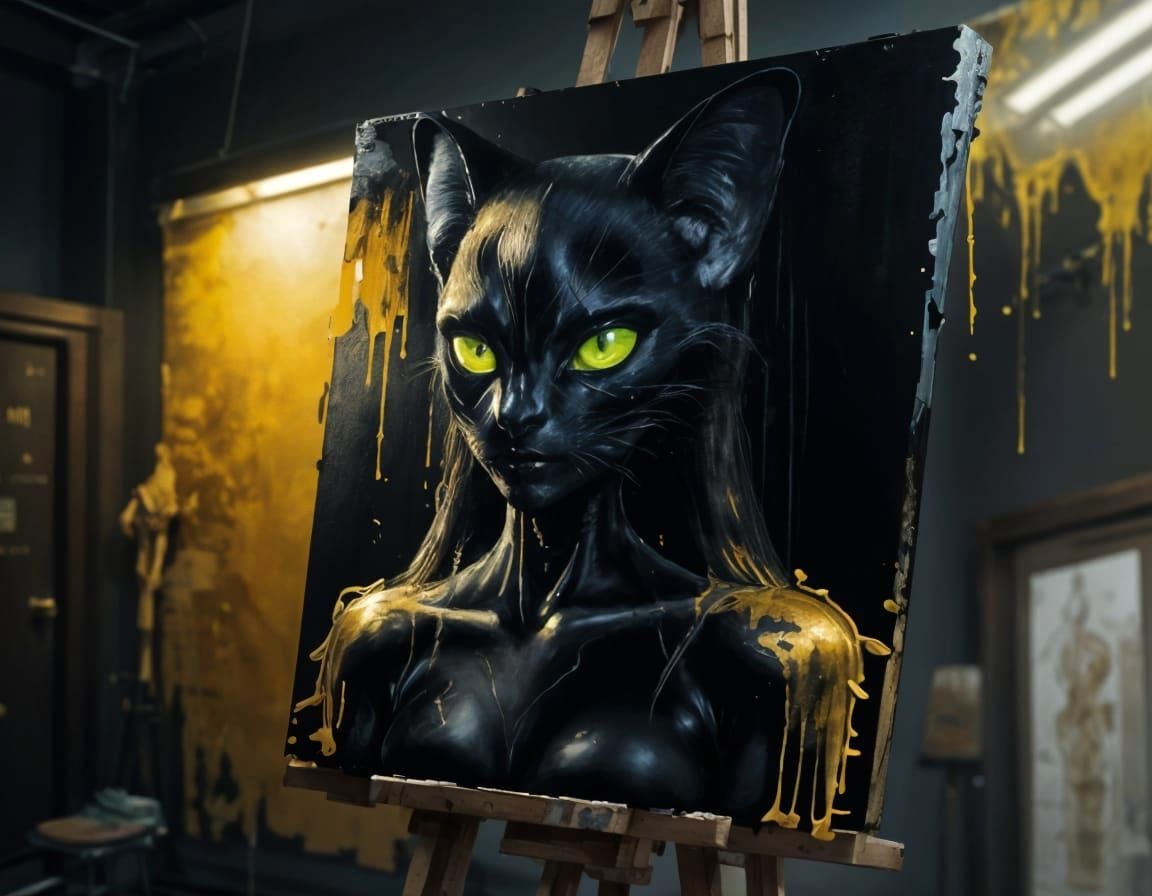 Black Catwoman Painting with Golden Highlights