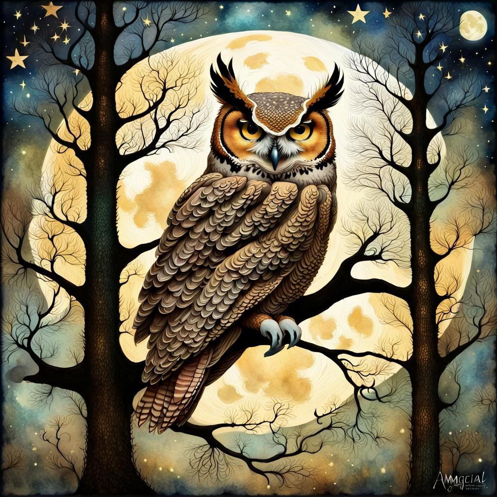 Surreal Owl Dreamscape in Filigree Watercolor Style
