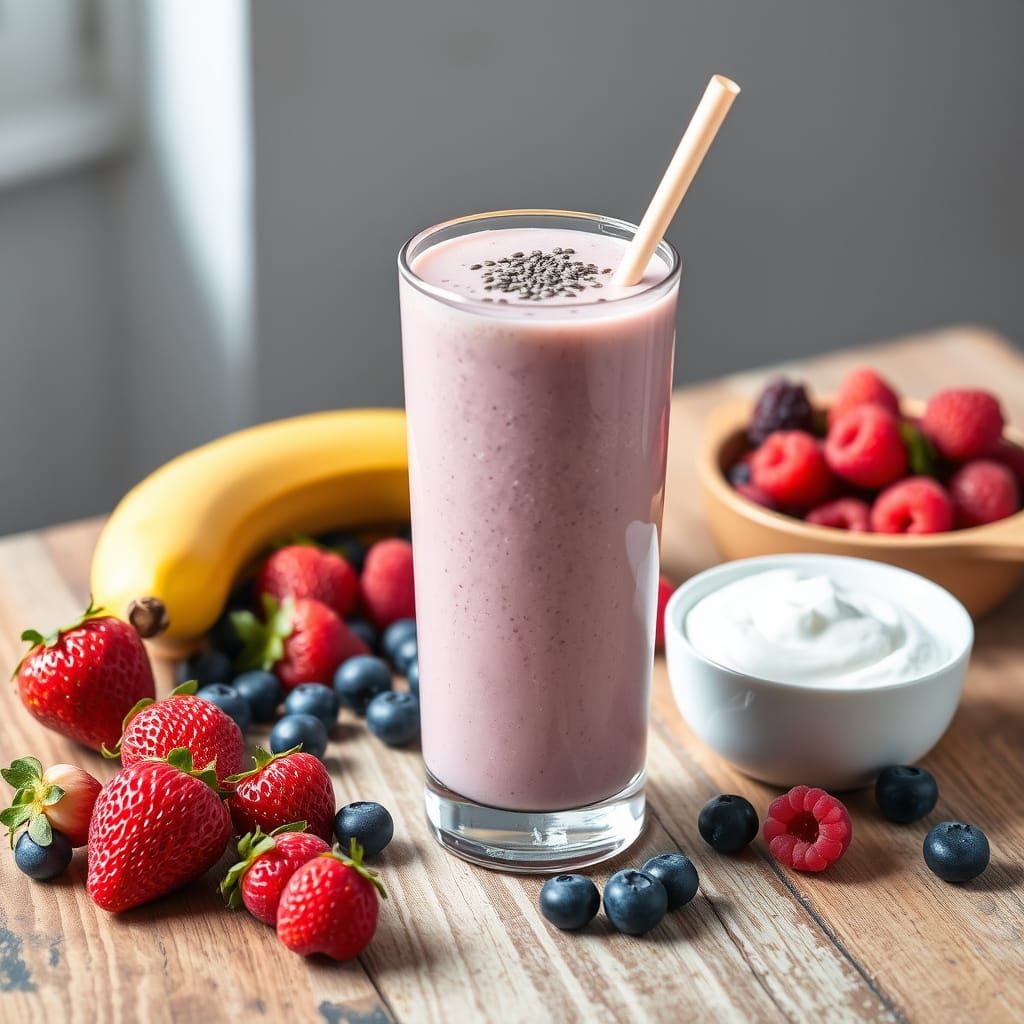 Creamy Banana Berry Smoothie in a Rustic Setting