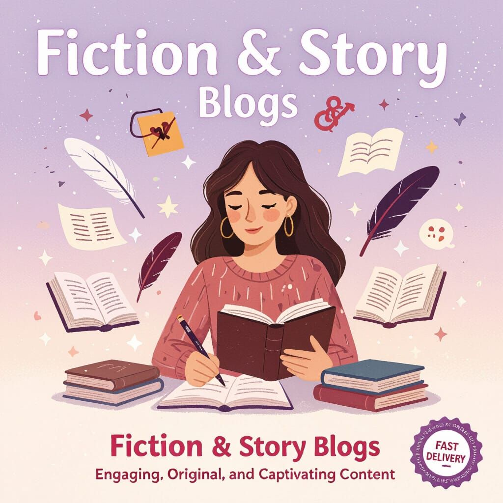 Woman Writing, Surrounded by Books & Story Icons