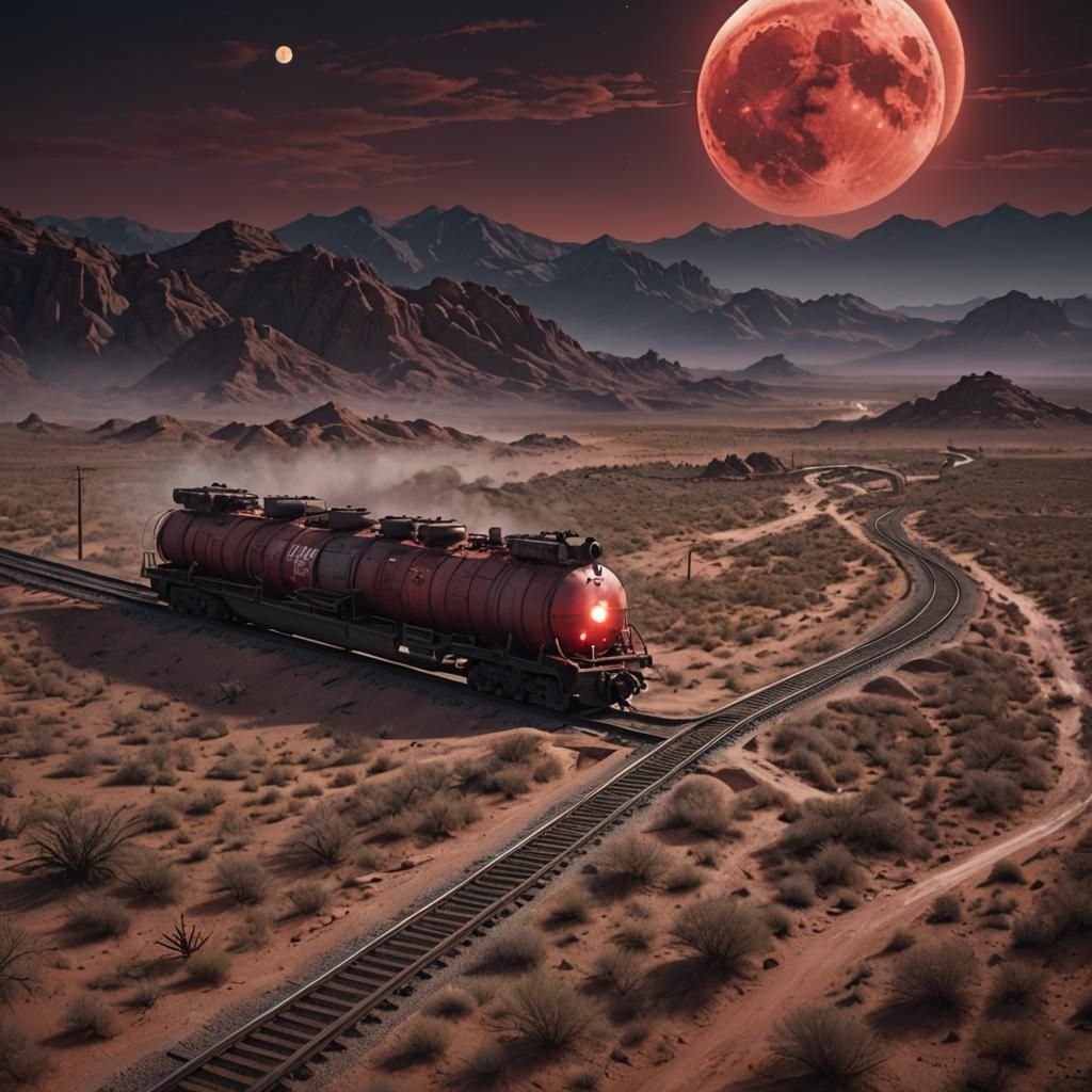 Arizona Desert Railway Car Under Blood Moon