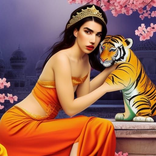 Princess Jasmine and Tiger, Alphonse Mucha Style