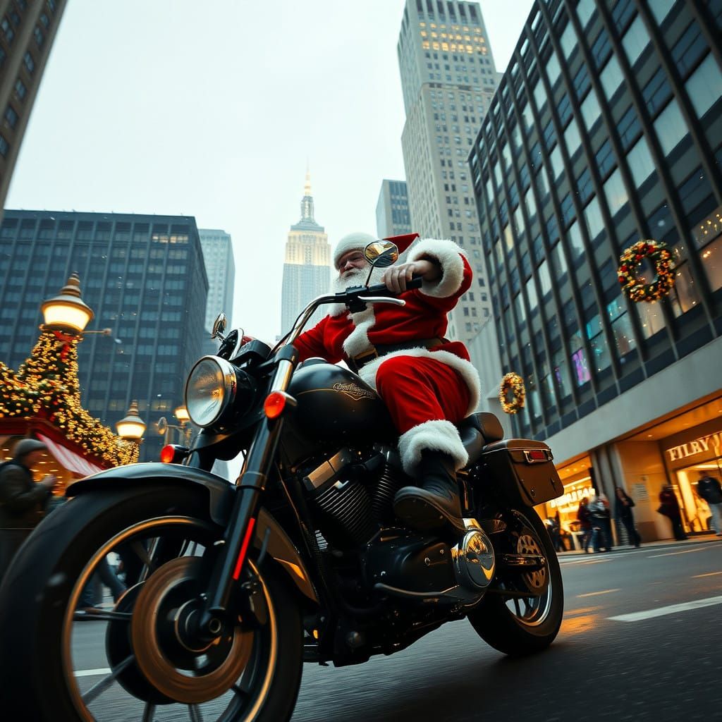 Santa Claus Rides Harley Davidson Through City Streets in Ci...