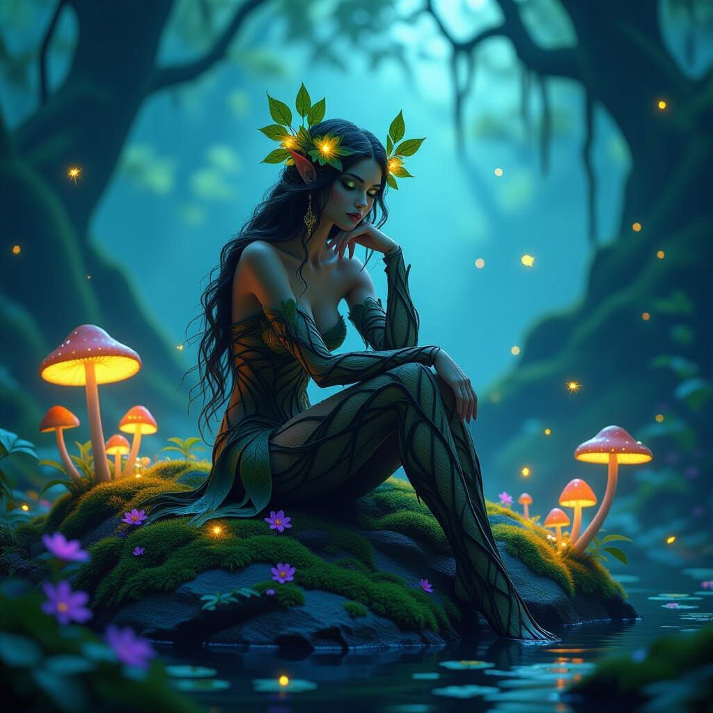 Serene Dryad in Bioluminescent Forest, Art Nouveau