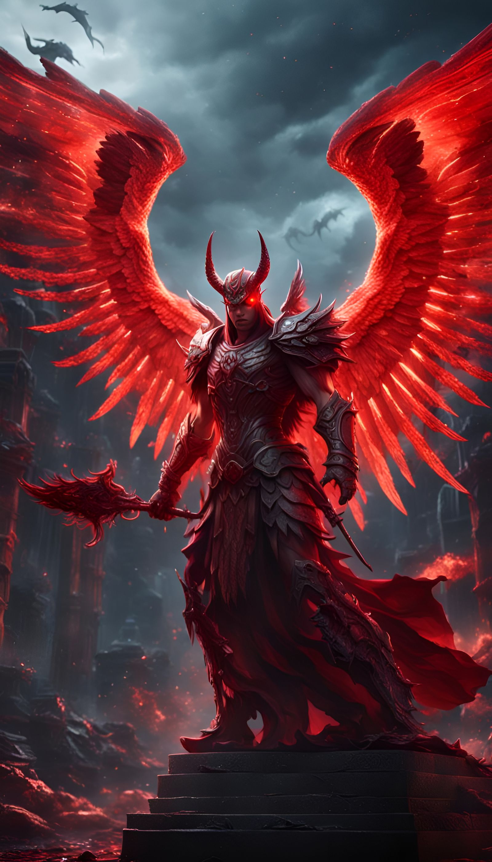 Ethereal Red Angel vs Demon: Detailed Matte Painting