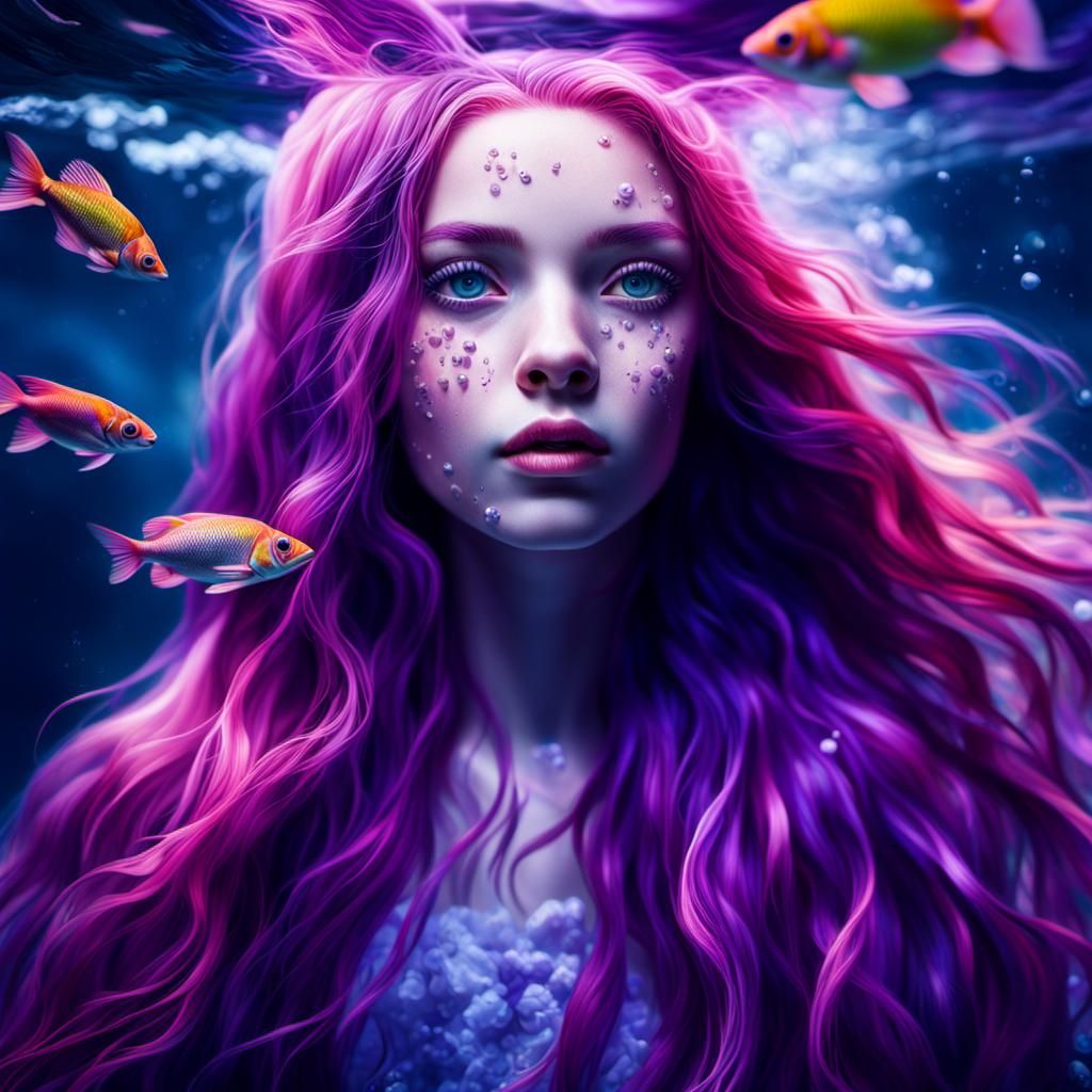 Underwater Portrait of Purple-Eyed Woman with Pink Hair
