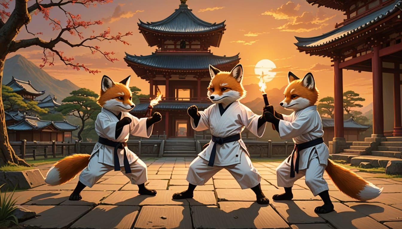 Fox Karate Masters at Sunset in Temple Ruins