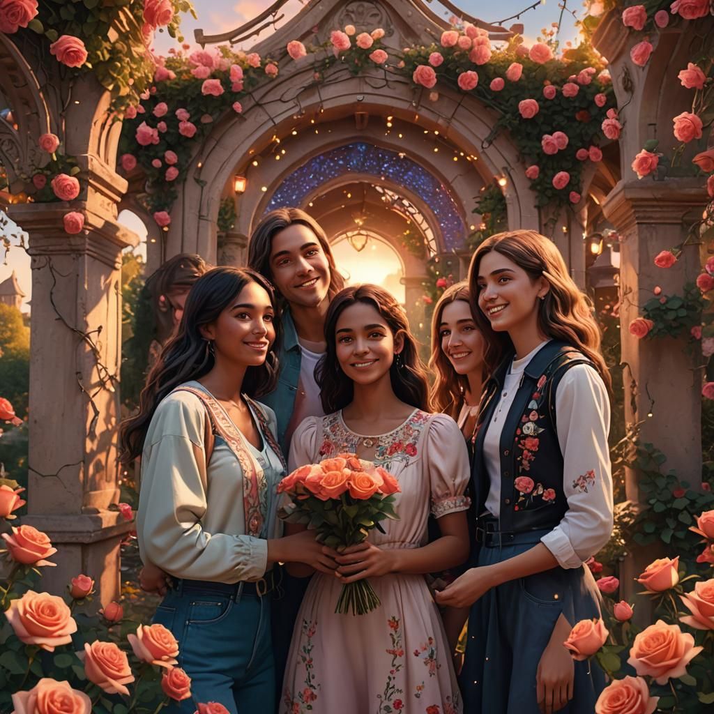 Friends Welcome Each Other in Blossoming Garden