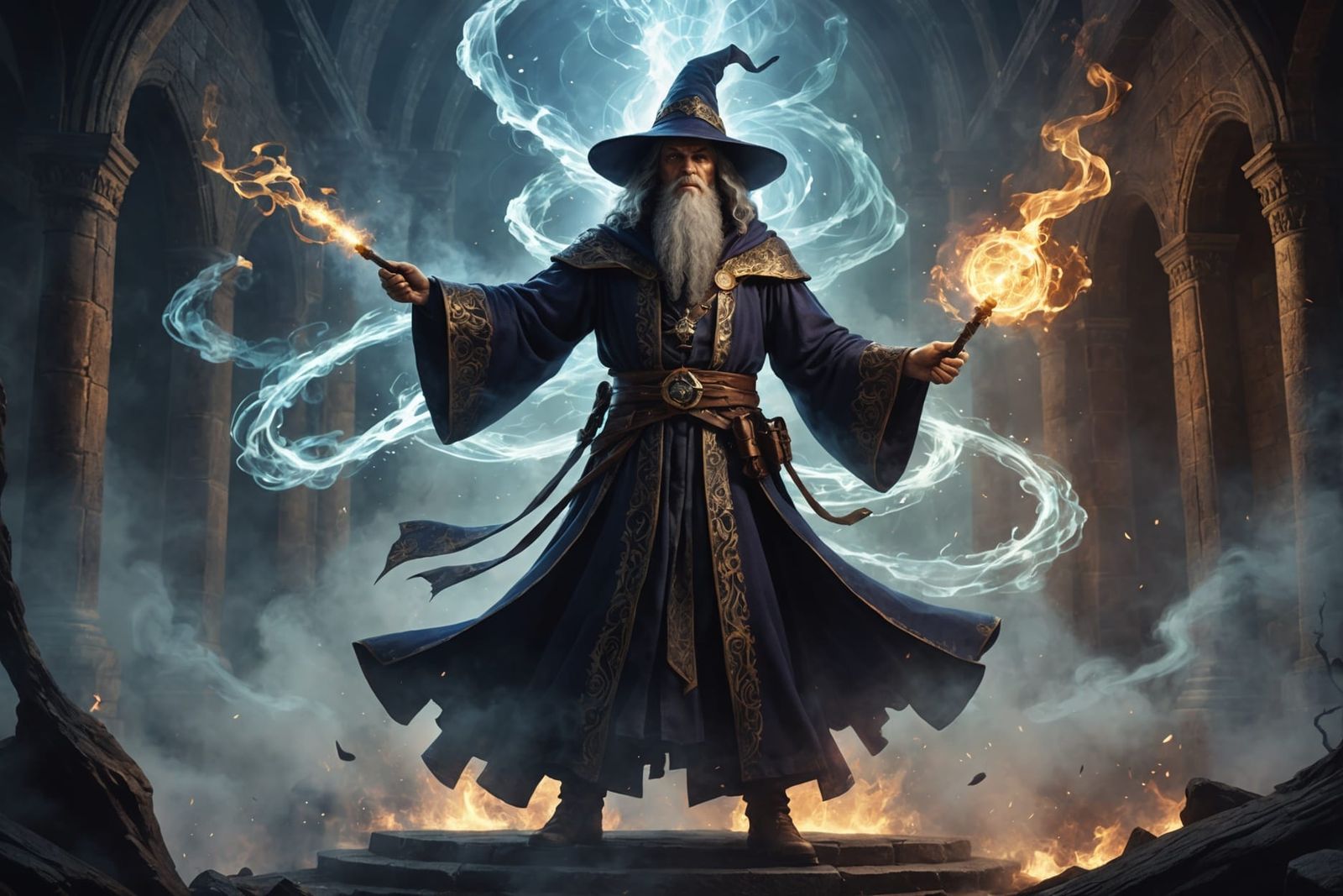 Wizard Casting Spell in Double Exposure Digital Painting