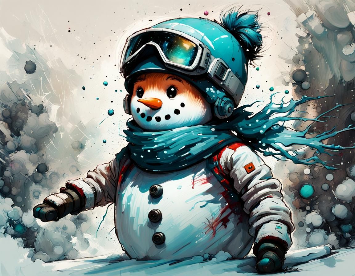 A chibi snowman snowboarding :: bioluminescent textured Spee...