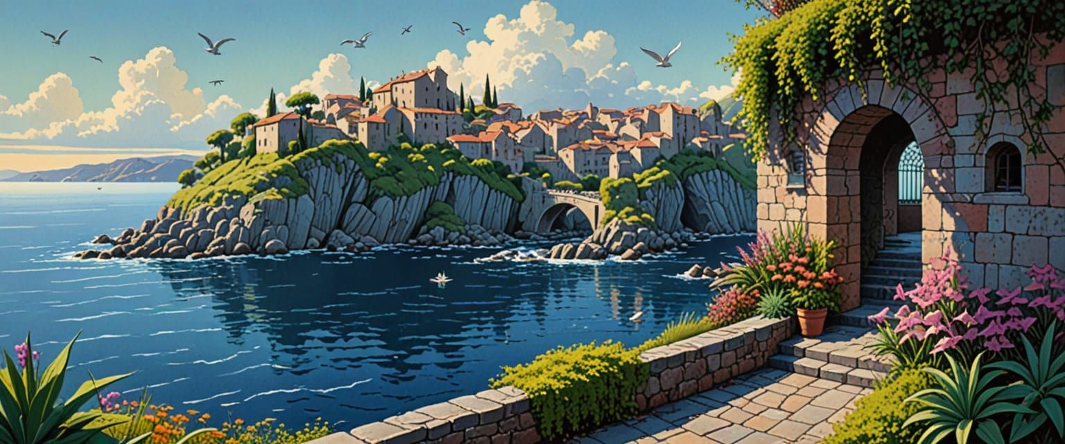 Seaside Vista with Arched Bridges in Comic Book Style