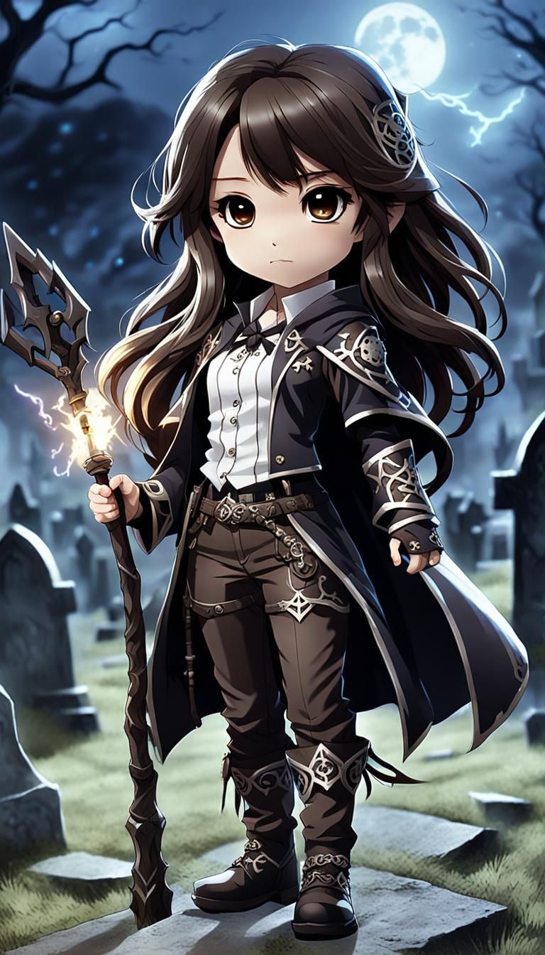 Chibi Dog Necromancer in Graveyard, Anime Style