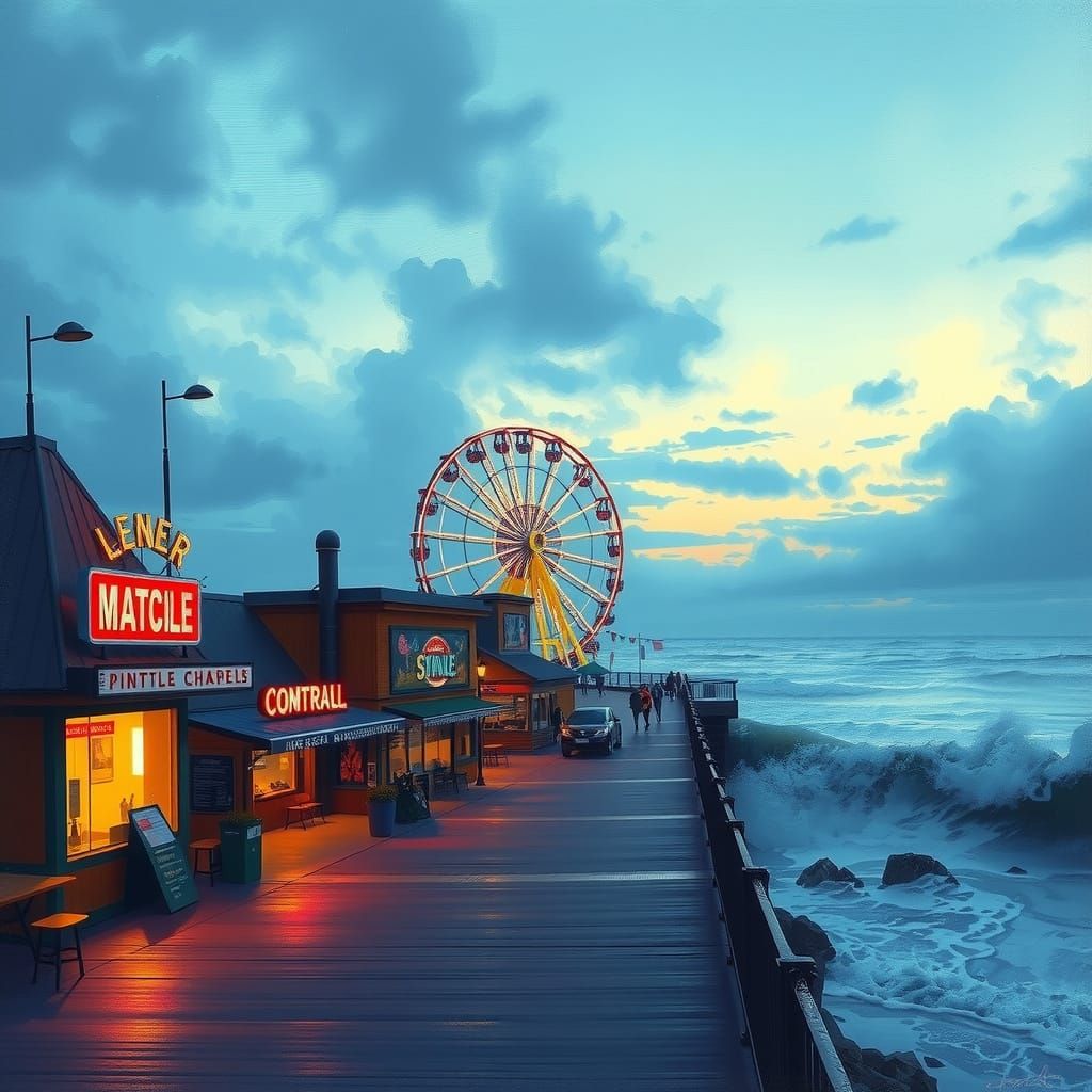 Dusk Boardwalk with Neon Lights in Post-Impressionist Style