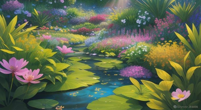 Drone Watering Lush Flower Garden with Vibrant Colors