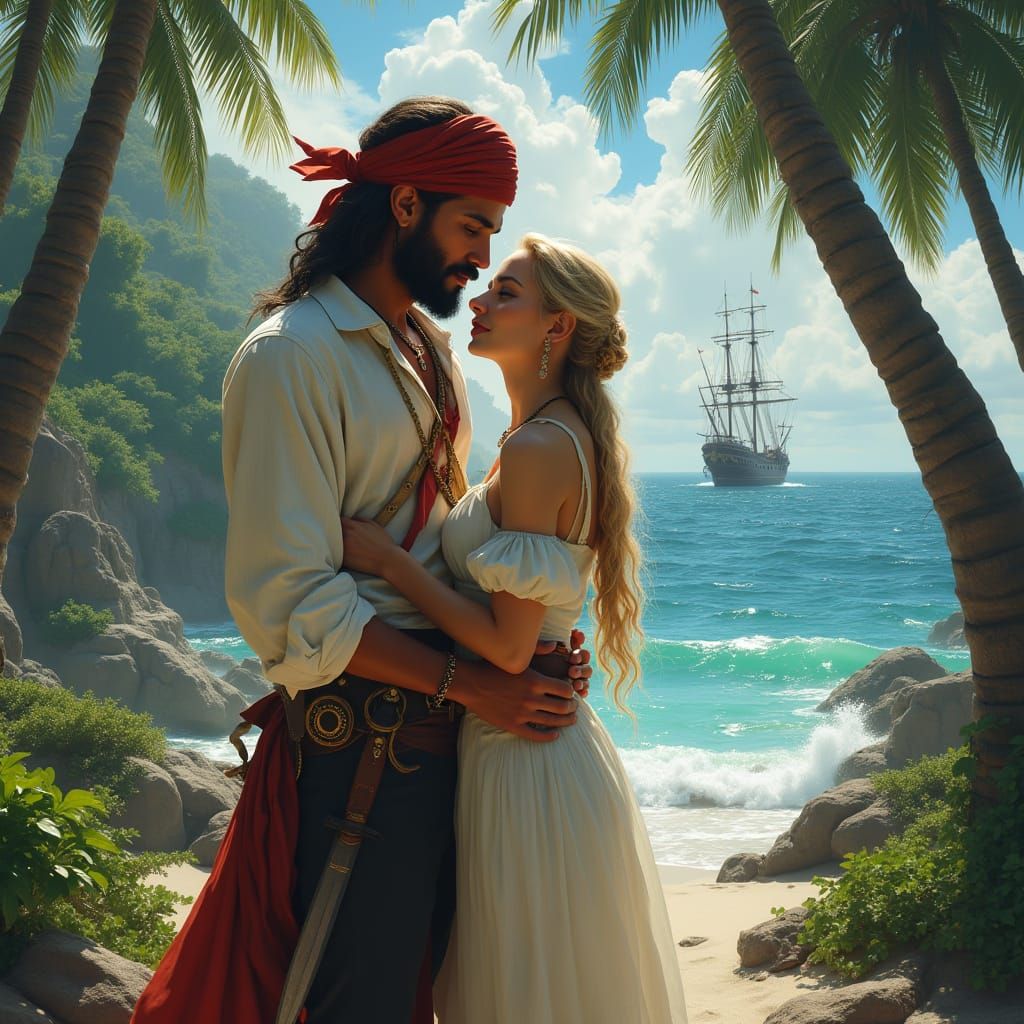 Pirate Sandokan Embraces Mariana on Tropical Beach