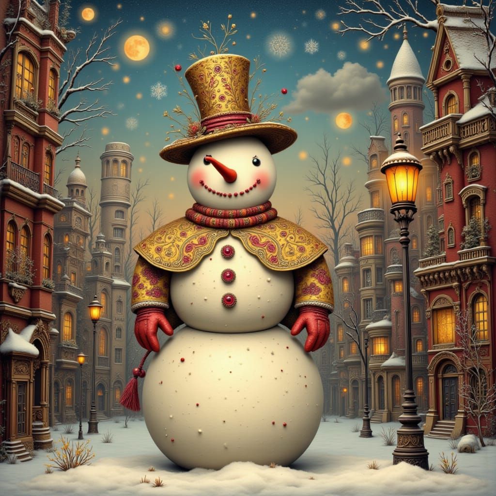 Majestic Baroque Snowman in Victorian Cityscape