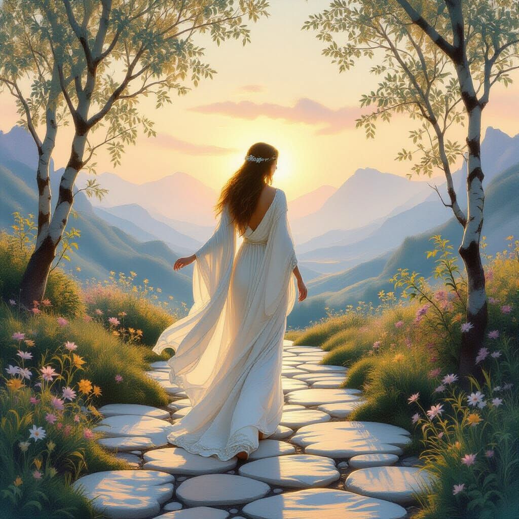 Ethereal Wisdom Figure in Luminous Dawn Landscape