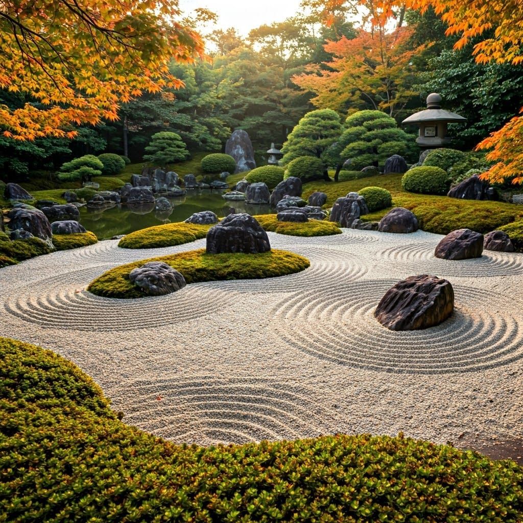 Serene Japanese Garden with Geometric Sand Patterns and Maje...
