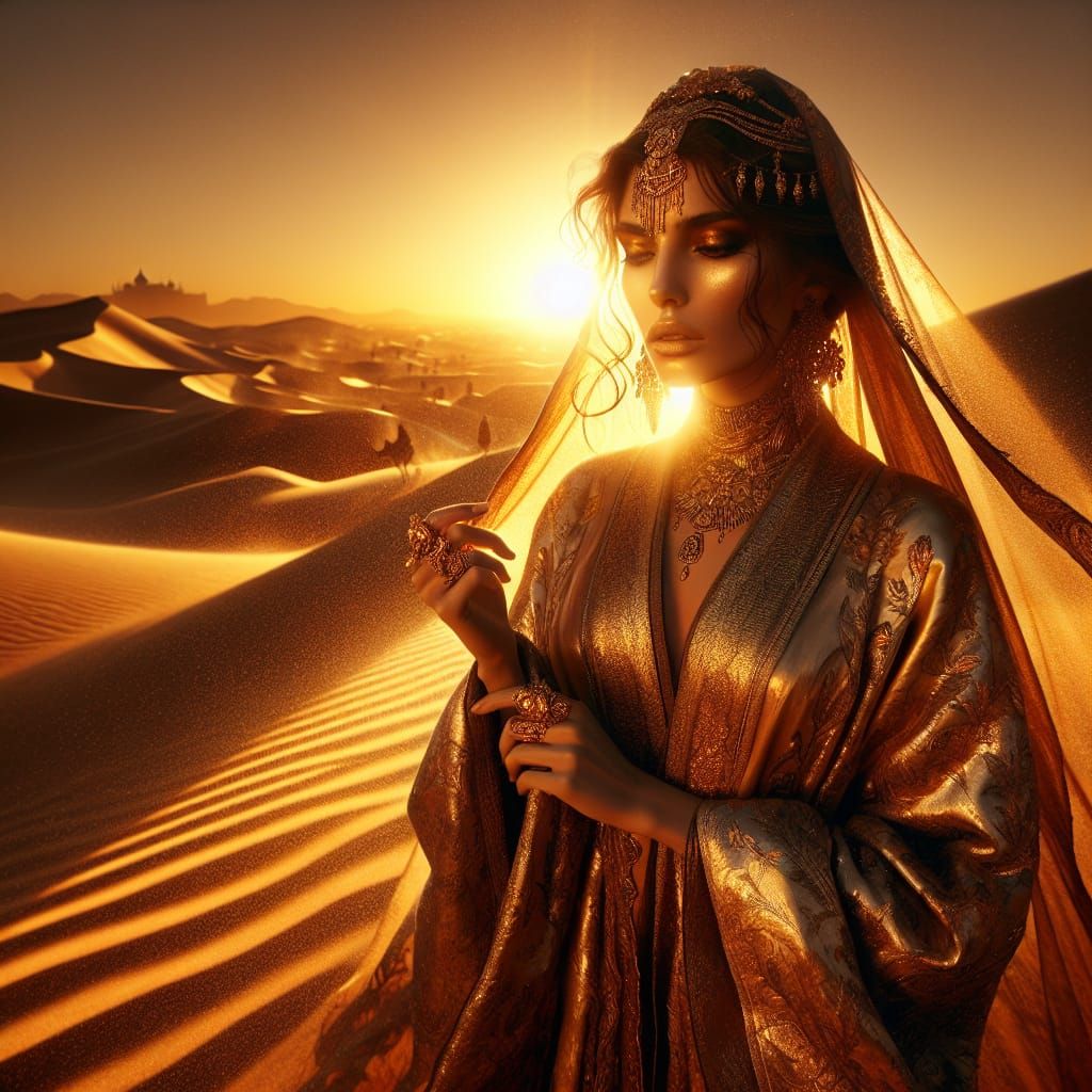 Desert Empress in Golden Silk, Cinematic Ultra-Realism