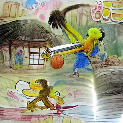 Bird Versus Monkey with Basketball Sword, Anime Style