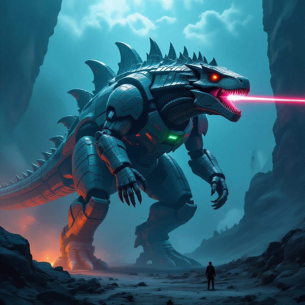 Armored Dinosaur-Robot-Alien Hybrid with Laser Tail