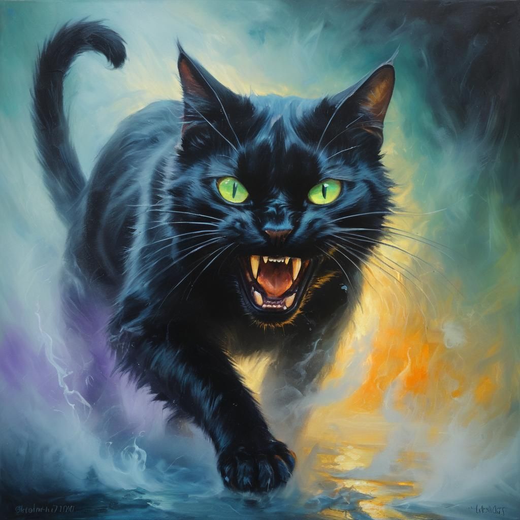 Mystical Black Cat Hissing in Fog as Oil Painting