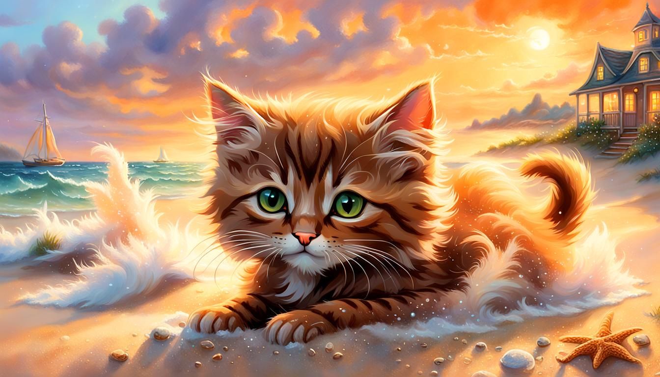 Kitten's Summer Sand Bath in Dreamy Digital Art