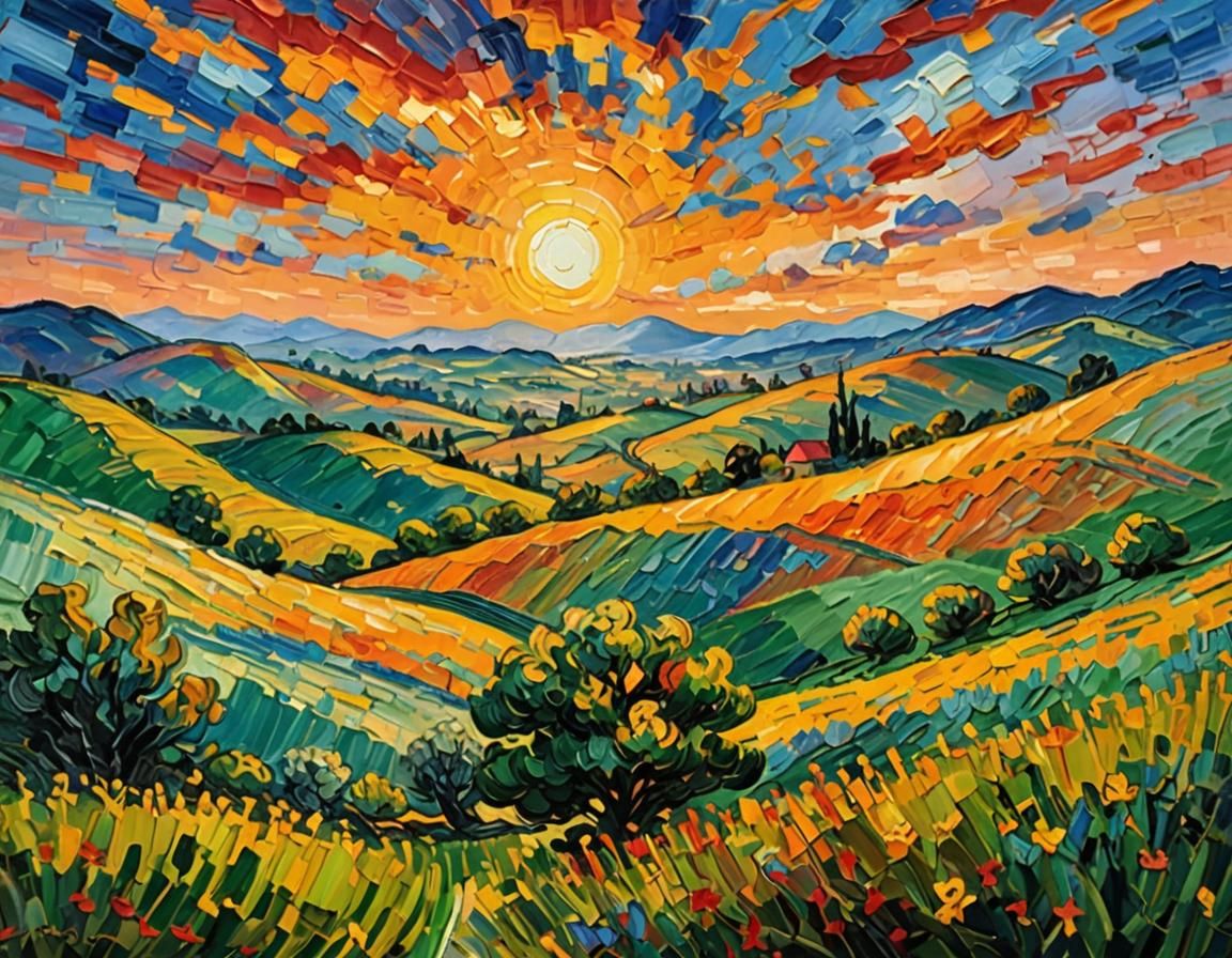 Vibrant Sunrise Landscape in Expressionist Impasto Style