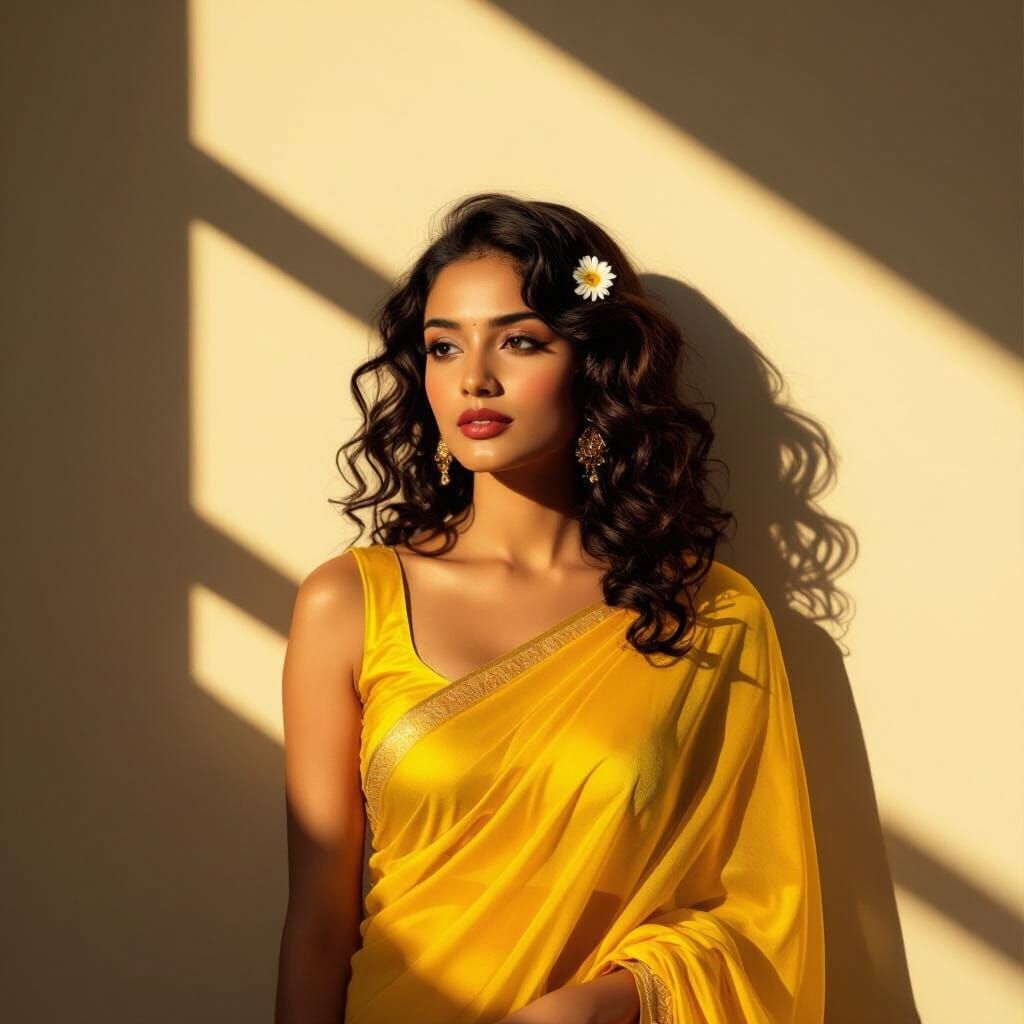 Woman in Yellow Saree, 90s Movie Aesthetic, Retro Grainy Tex...