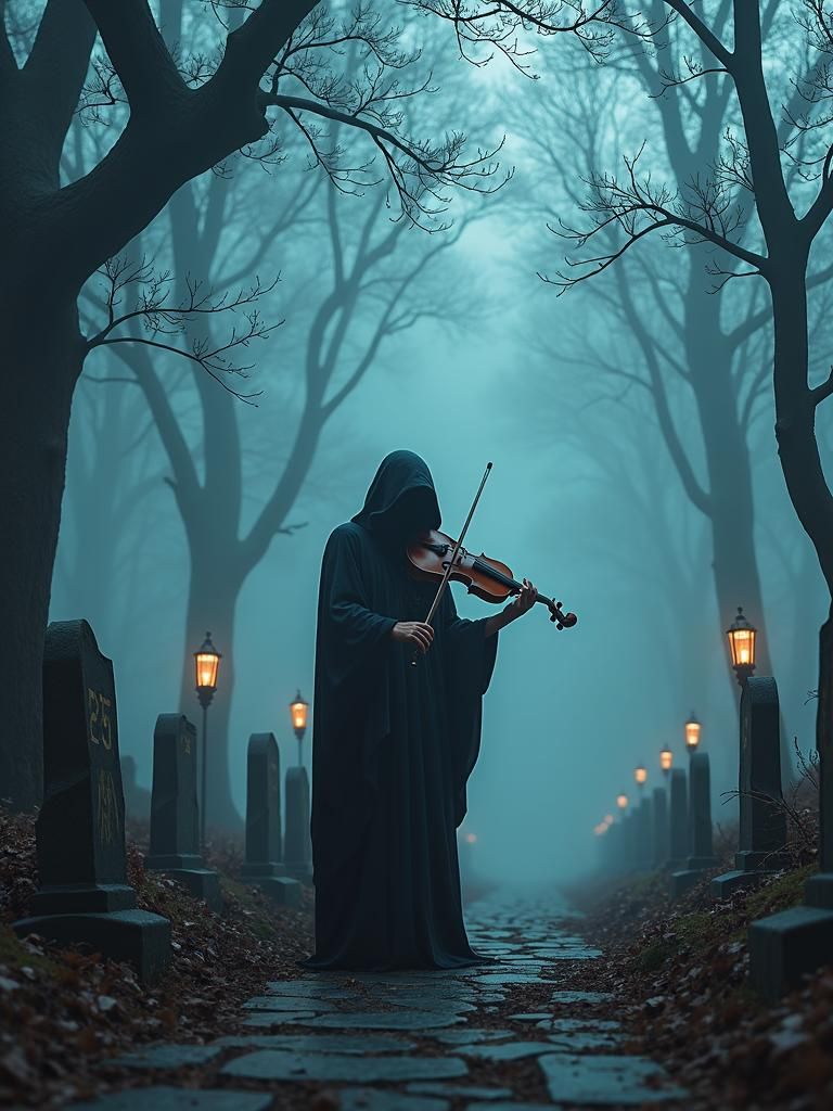 Grim Reaper's Serenade in Mist-Shrouded Graveyard
