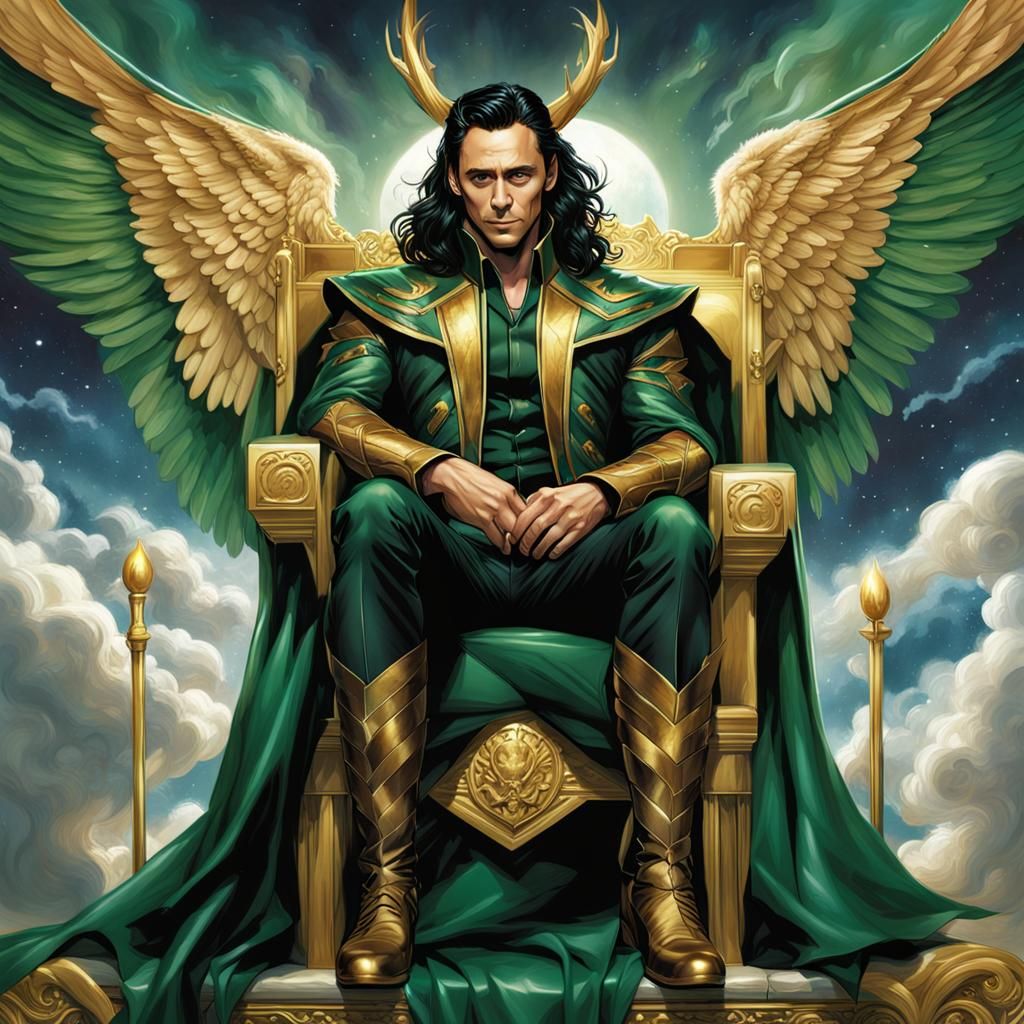 Lustrous Loki on Emerald Throne: Fantasy Comic Art