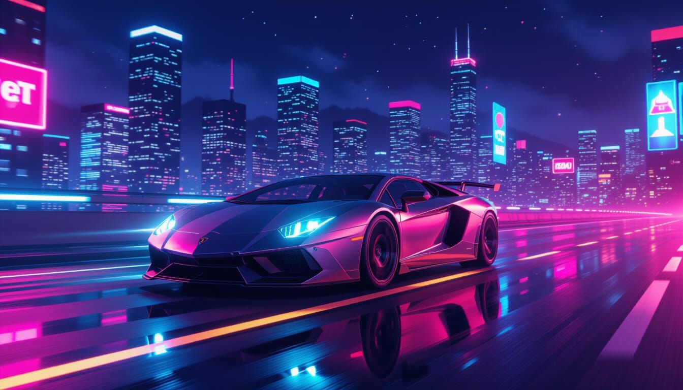 Lamborghini Speeds Down Neon Highway in 3D Render Style