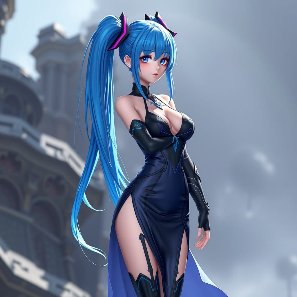 Futuristic Mage Girl in Vibrant Blue Hair and Black Blue Att...