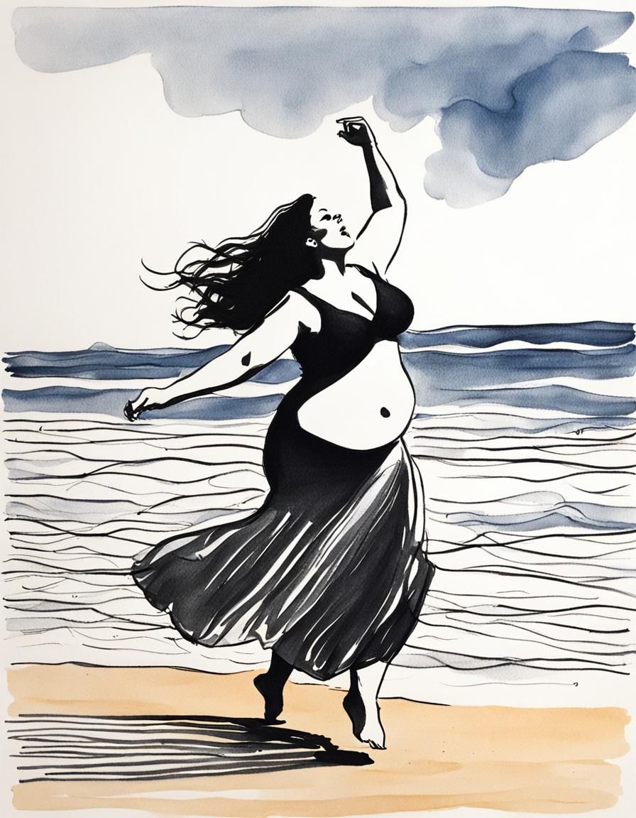 Joyful Plus-Size Woman Dancing: Minimalist Ink Sketch