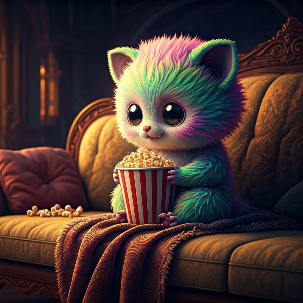 Iridescent Chibi Critter Snuggled on Plush Couch in 8K