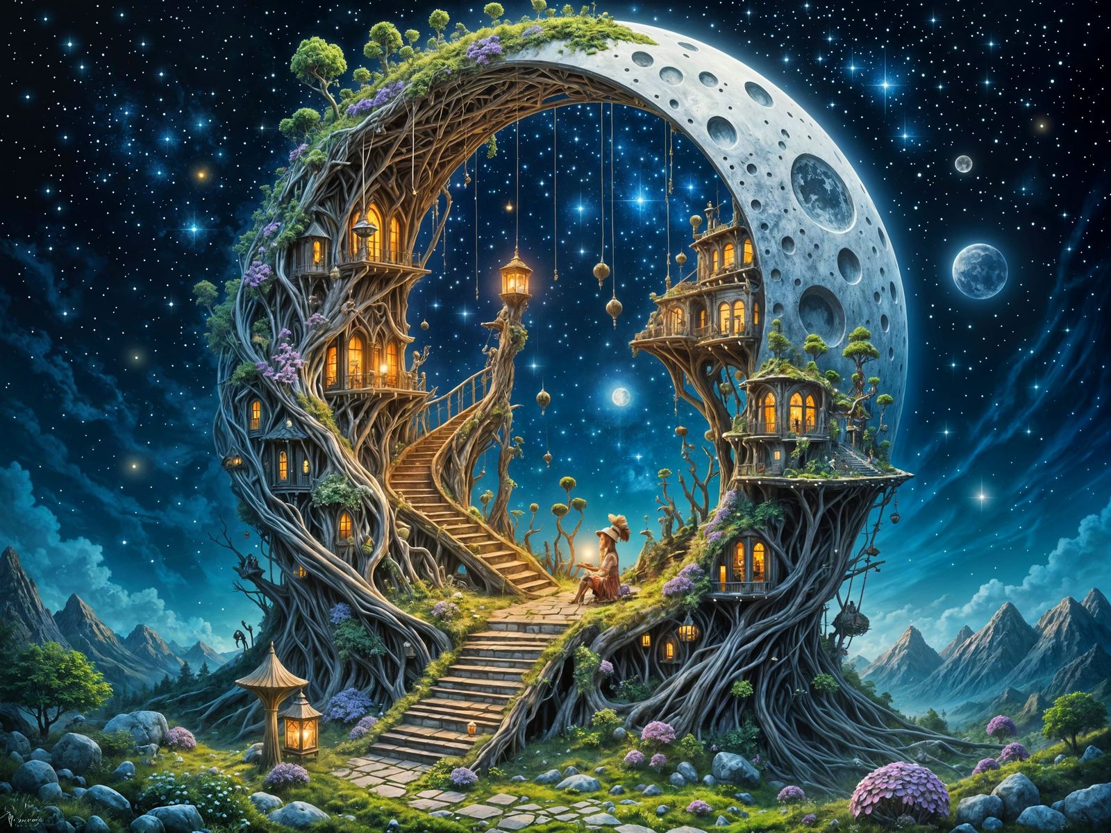 Surreal Fantasy Bookstore under the Sliver Moon