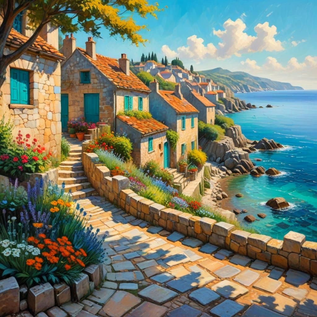 Ancient Coastal Village in Whimsical Abstract Style