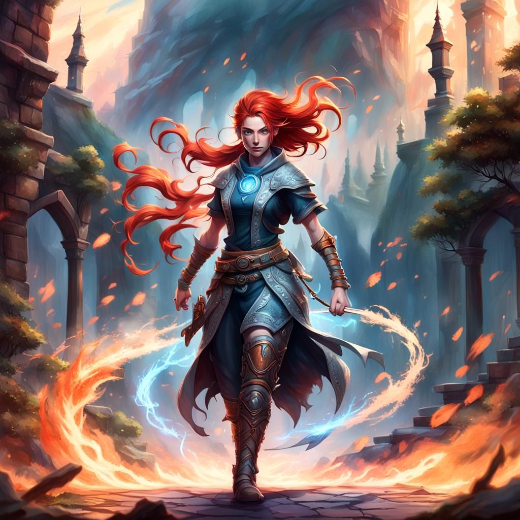 Fiery Haired RPG Character in a Training Area