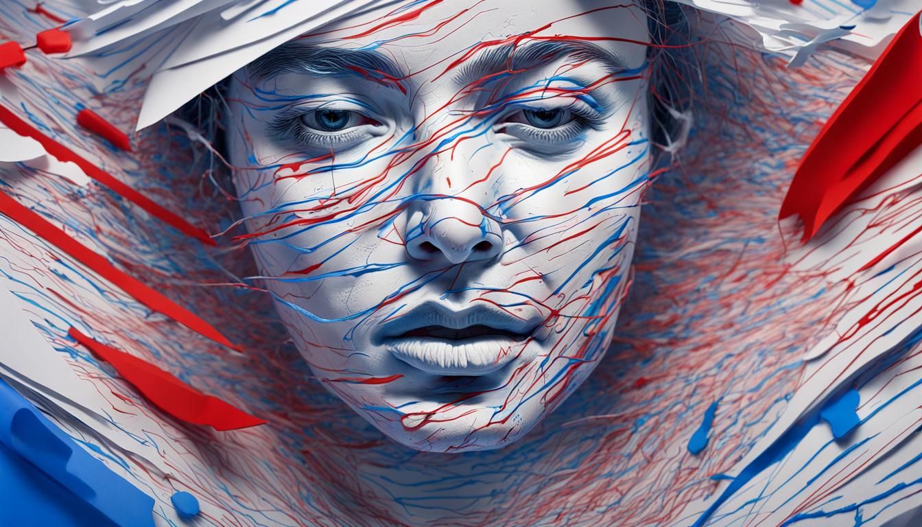 Monochrome face, blue and white lines running across it