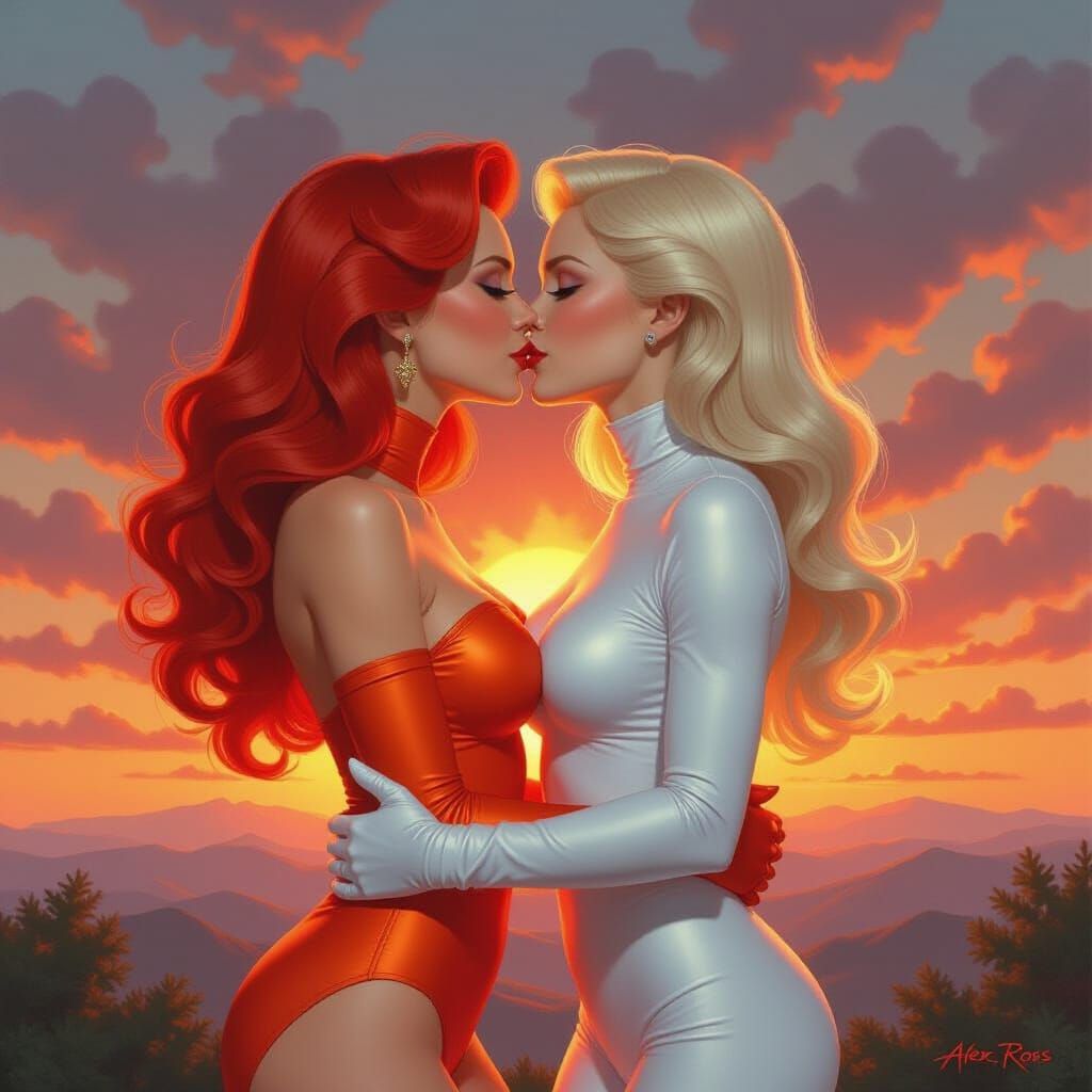 Phoenix and White Queen Kissing at Sunset